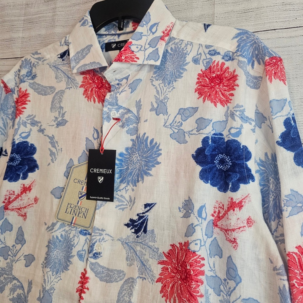Cremieux French Linen M Medium Red Wht Blue Floral Longsleeve Shirt NWT $79 L924